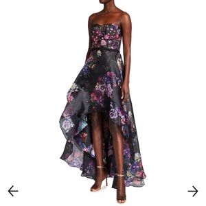 NWT Marchesa Notte Floral Printed Organza Strapless High-Low Gown Dress
